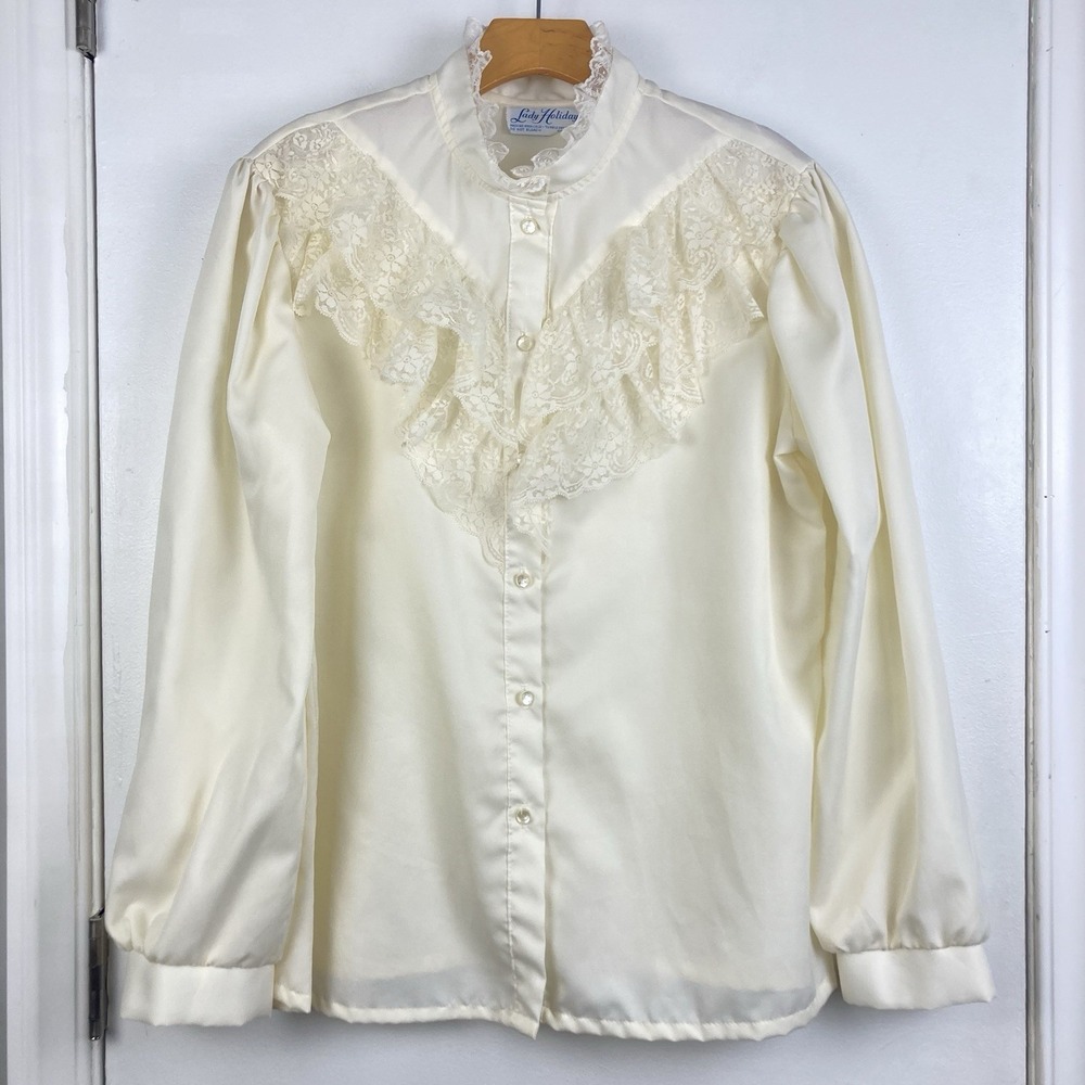 Vintage VTG 80s Lady‎ Holiday Victorian Edwardian Blouse Lace Cottage Prairie M